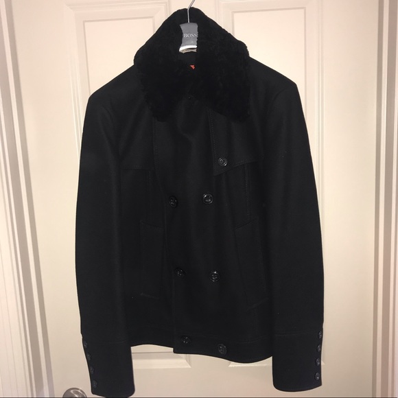 Hugo Boss Black Pea Coat with Faux Fur Collar
